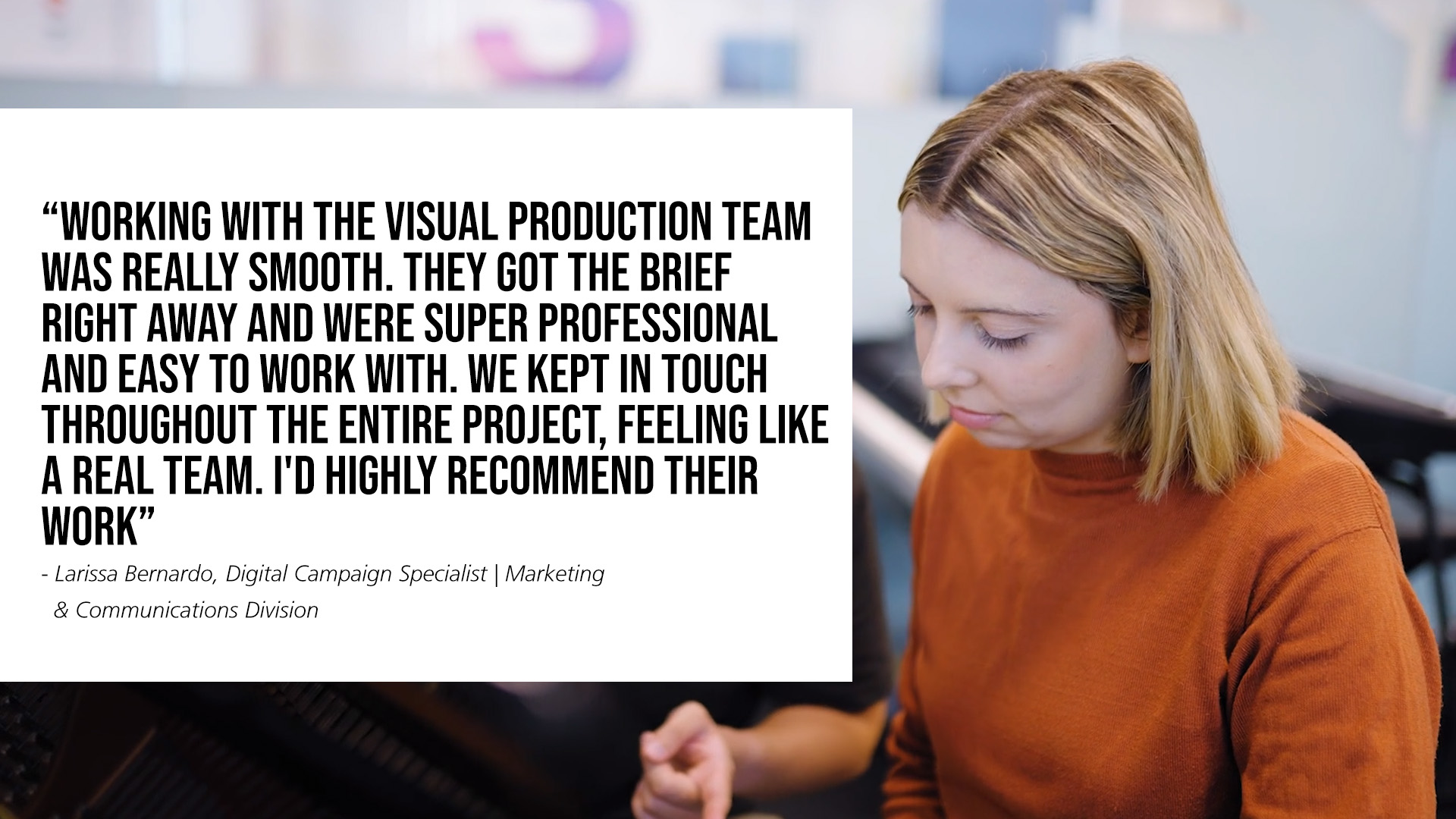 Our client sharing her experience with Visual Production Agency during the video production